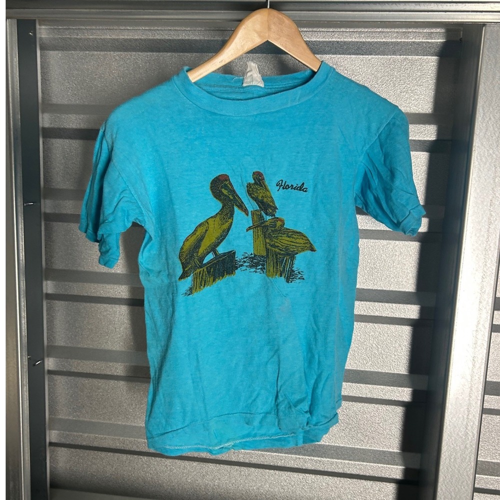 VINTAGE 60's 80s Florida Pelican Graphic T Shirt Blue Single Stitch Beachy Tee